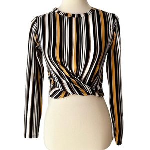 Striped Crop Top Size M Adorable Gold Black White Blue Long Sleeve Say Anything